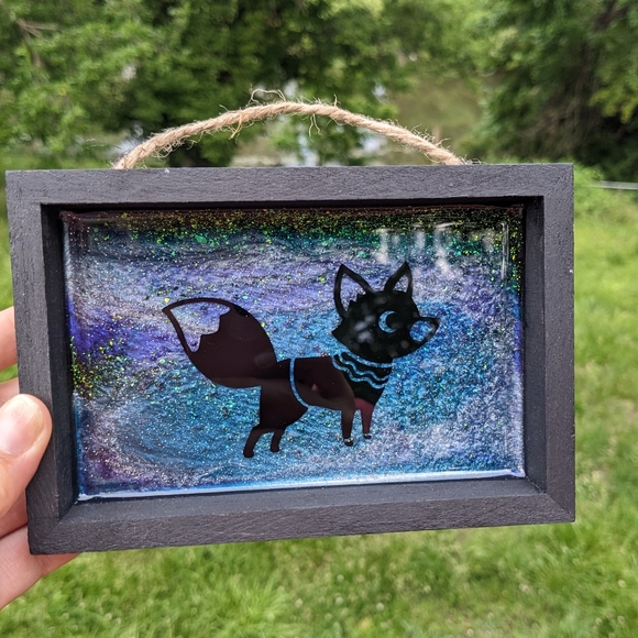 Fall Fox Wall Hanging Handmade Resin Art Sparkly Wood Shadowbox Canvas Cute - Picture 3 of 6